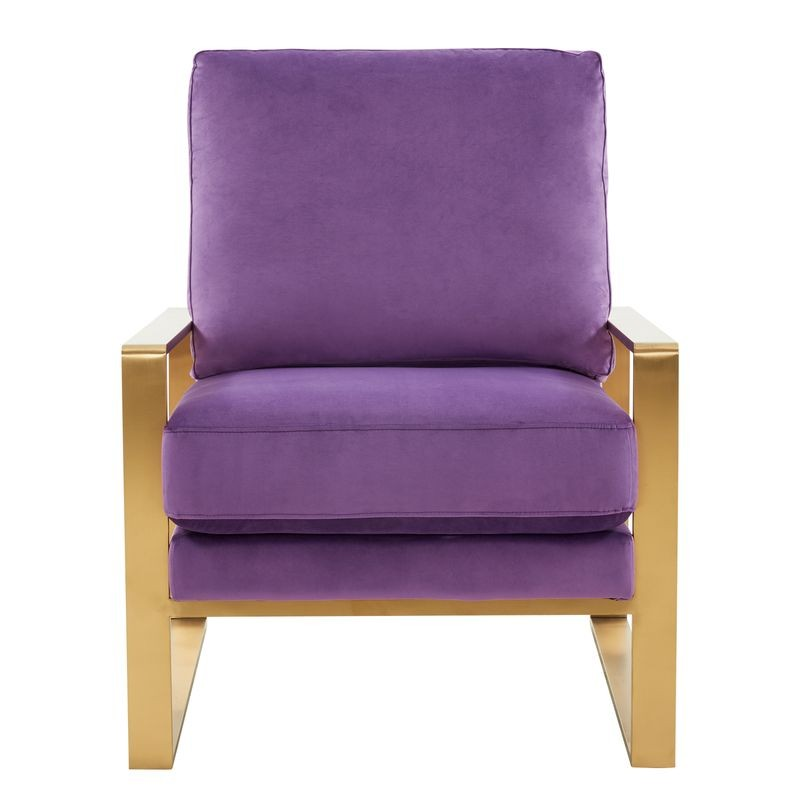 LeisureMod Jefferson Velvet Design Accent Armchair with Gold Brass Finish Frame Purple Front Photo.