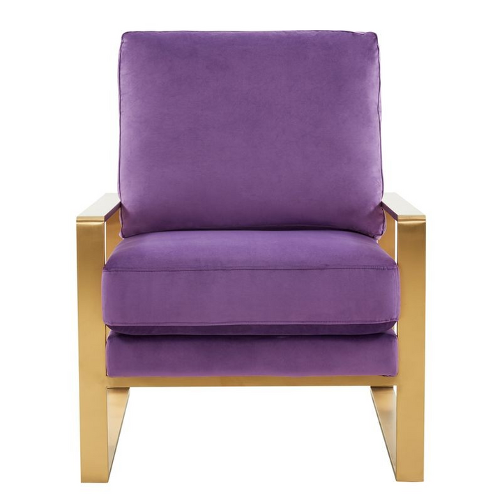 LeisureMod Jefferson Velvet Design Accent Armchair with Gold Brass Finish Frame Purple Front Photo.