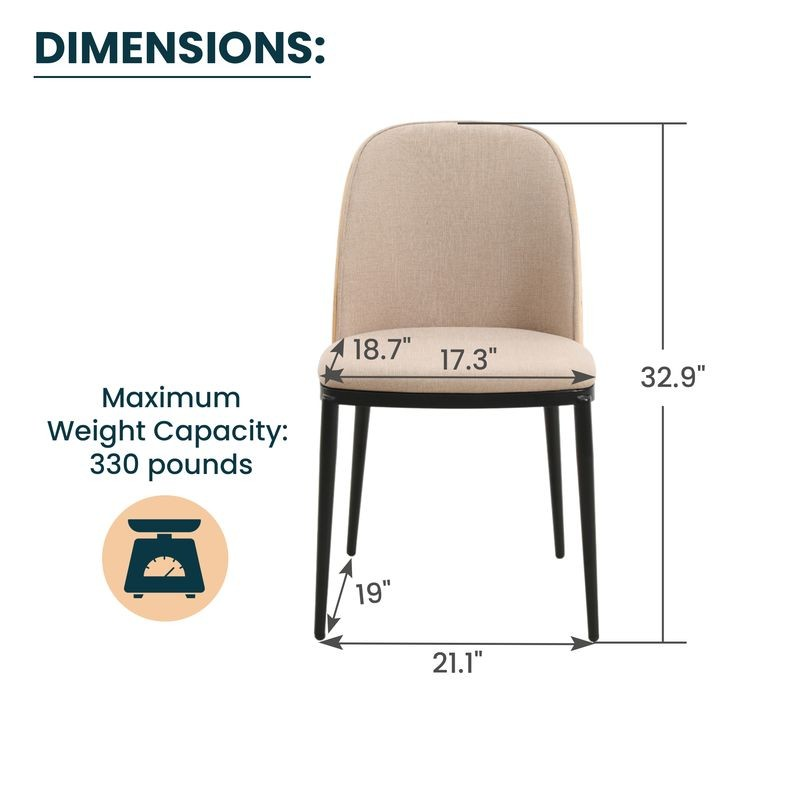 Beige chair with dimensions labeled on a white background.