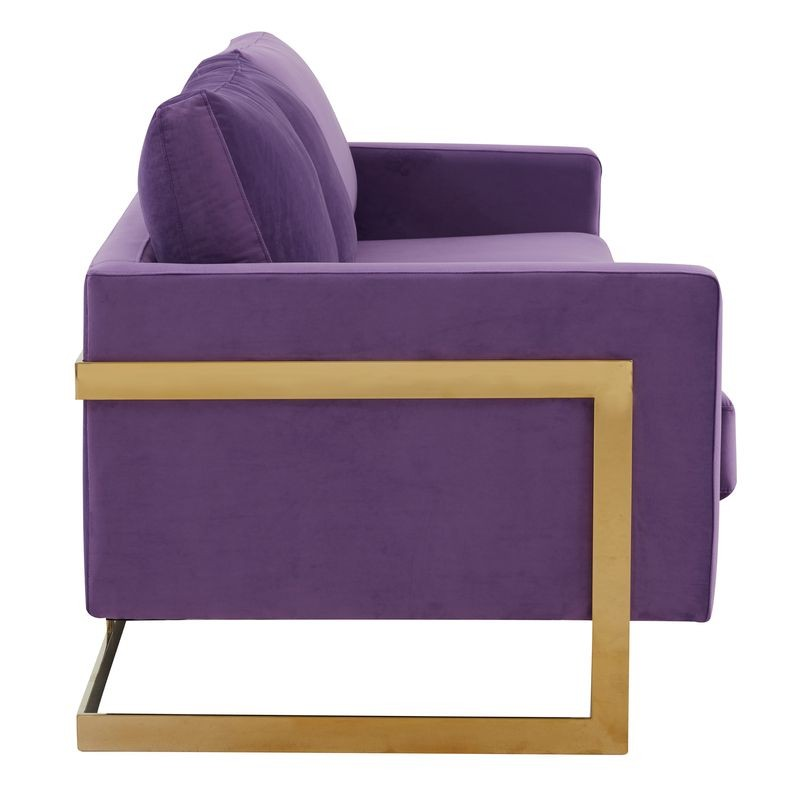 LeisureMod Lincoln Modern Mid-Century Upholstered Velvet Sofa with Gold Frame Purple Side View.