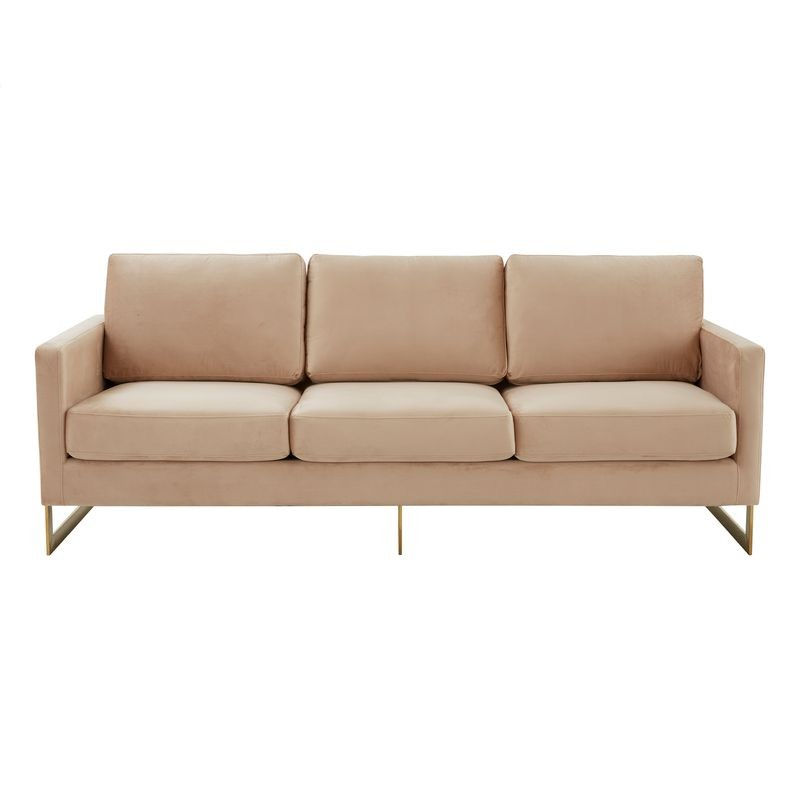 LeisureMod Lincoln Modern Mid-Century Upholstered Velvet Sofa with Gold Frame Beige Front View.