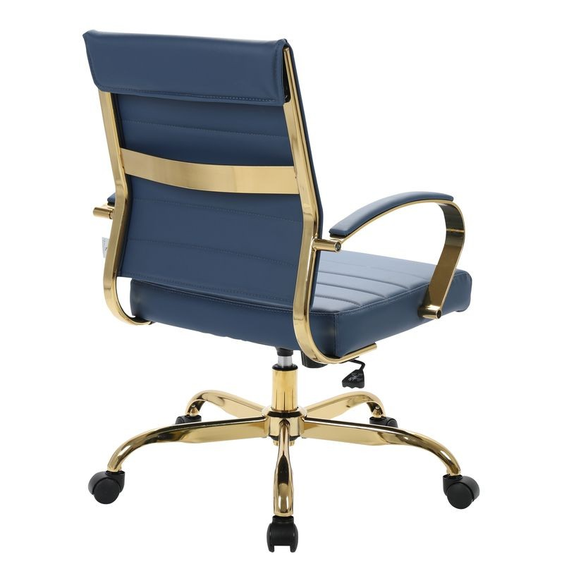 LeisureMod Benmar Home Leather Office Chair with Gold Frame Navy Blue Back View.