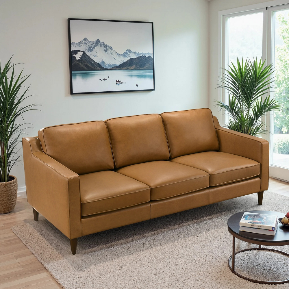 Cooper Mid Century Modern Tan Leather Sofa Photo.