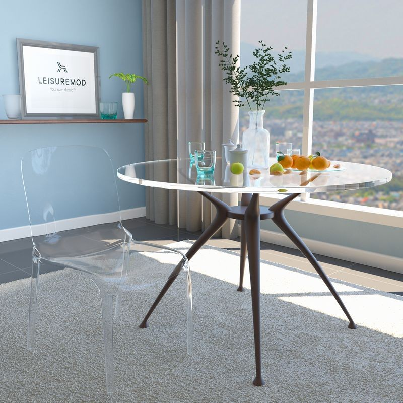 LeisureMod Murray Modern Dining Chair Clear at Table.