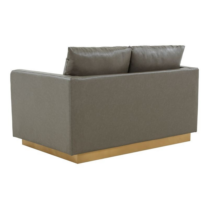 LeisureMod Nervo Modern Mid-Century Upholstered Faux Leather Loveseat with Gold Frame Grey Back View.