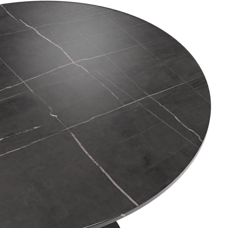 LeisureMod Verve Collection 36 Round Dining Table, Black Base with Sintered Stone Black Top Closeup.