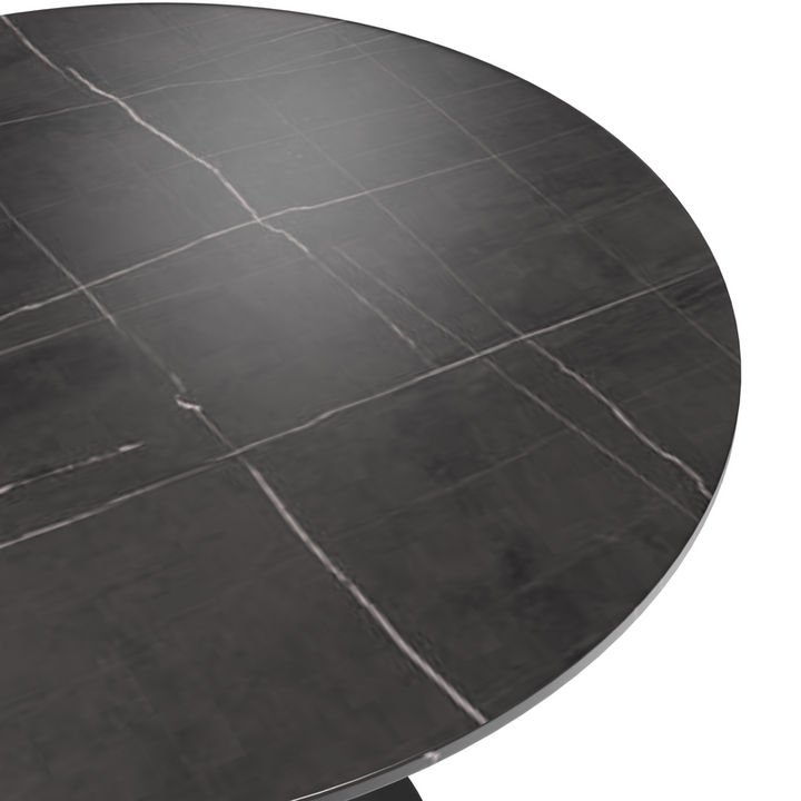 LeisureMod Verve Collection 36 Round Dining Table, Black Base with Sintered Stone Black Top Closeup.