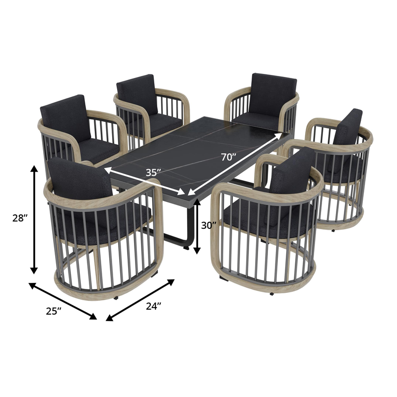 LeisureMod Klyra 7-Piece Aluminum Dining Set with 1 Rectangular Dining Table and 6 Dining Chairs in Grey Dimensions.