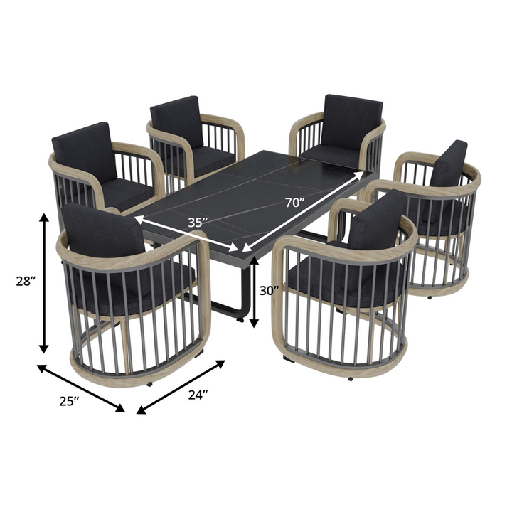 LeisureMod Klyra 7-Piece Aluminum Dining Set with 1 Rectangular Dining Table and 6 Dining Chairs in Grey Dimensions.