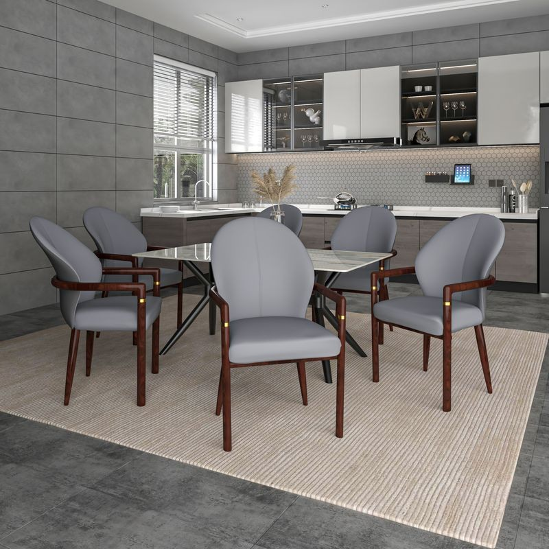 LeisureMod Opaline Series Elegant Wooden Dining Chair in Two-Tone Grey at Table.
