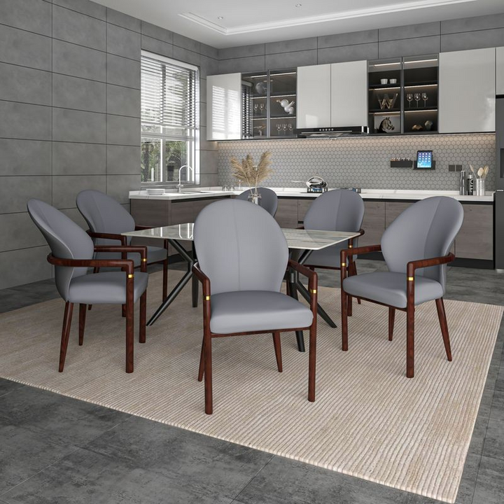 LeisureMod Opaline Series Elegant Wooden Dining Chair in Two-Tone Grey at Table.