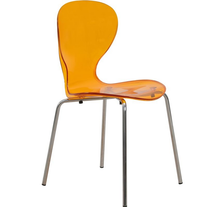 LeisureMod 5-Piece Dining Set Round White MDF Dining Table and 4 Plastic Dining Chairs with Chrome Legs Transparent Orange Angled Chair.