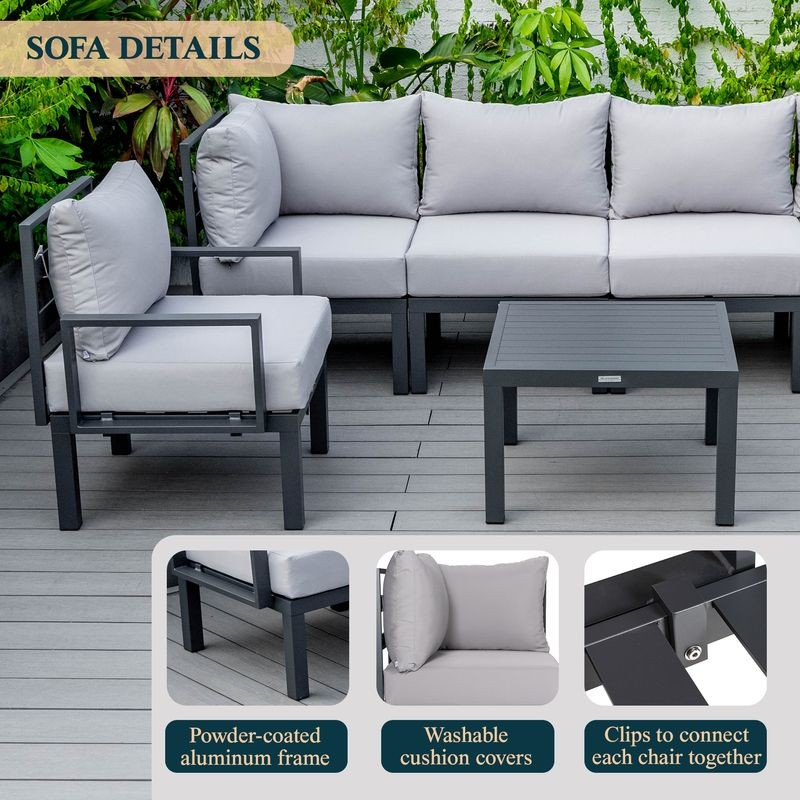 LeisureMod Chelsea 7-Piece Patio Sectional and Coffee Table Set Black Aluminum with Cushions Light Grey Information.