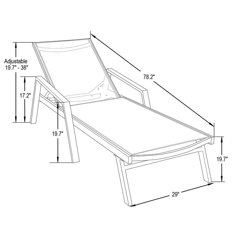 LeisureMod Marlin Patio Chaise Lounge Chair with Armrests in Grey Aluminum Frame, Set of 2 in White Dimensions.