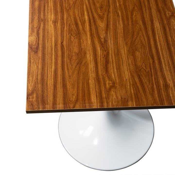 LeisureMod Verve Collection 24 Square Dining Table, White Base with Dark Maple MDF Top View.