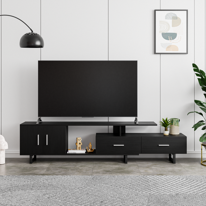 LeisureMod Avery Mid-Century Modern TV Stand with MDF Cabinet and Powder Coated Steel Legs Ebony