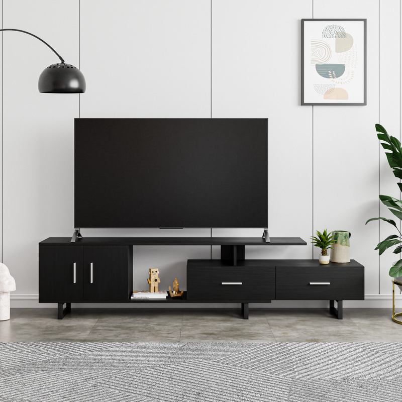 LeisureMod Avery Mid-Century Modern TV Stand with MDF Cabinet and Powder Coated Steel Legs Ebony