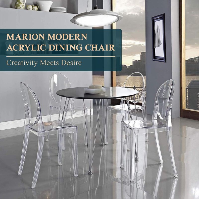 LeisureMod Marion Transparent Acrylic Modern Chairs at a Table.