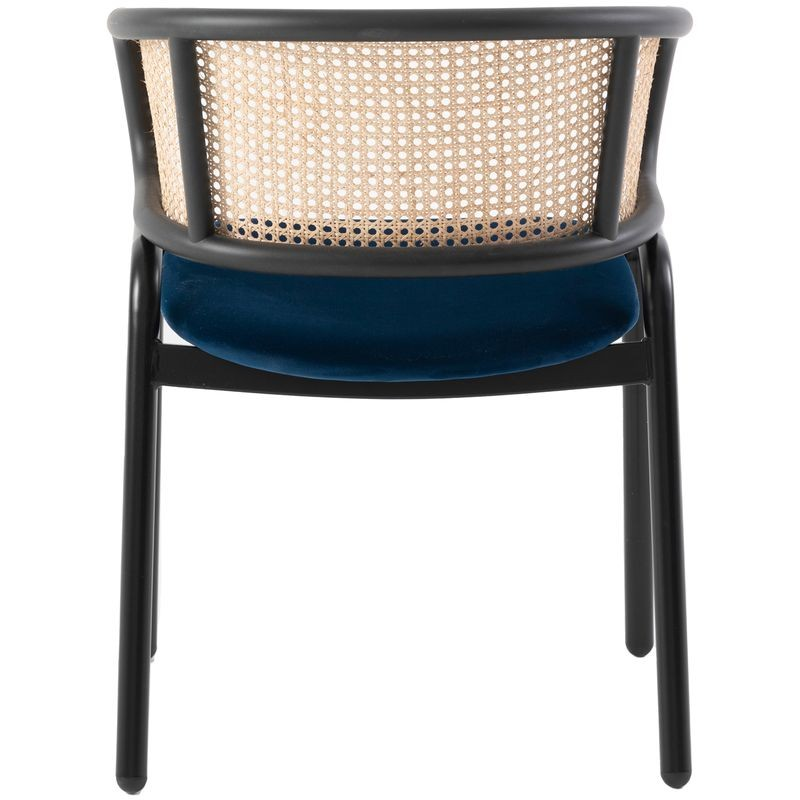Leisuremod Ervilla Modern Dining Chair with Stainless Steel Legs Velvet Seat and Wicker Back Navy Blue Image.
