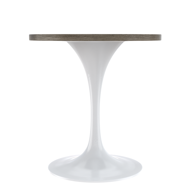 LeisureMod Verve Collection 27 Round Dining Table, White Base with Dark Maple MDF Top Side View.