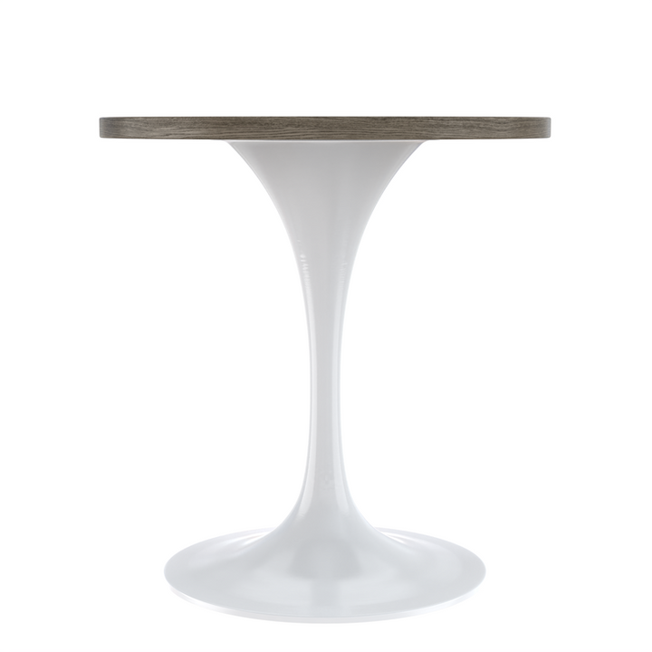 LeisureMod Verve Collection 27 Round Dining Table, White Base with Dark Maple MDF Top Side View.