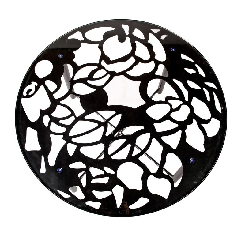 LeisureMod Devon Tree Design Glass Top Aluminum Base Indoor Outdoor Dining Table Black Top View.