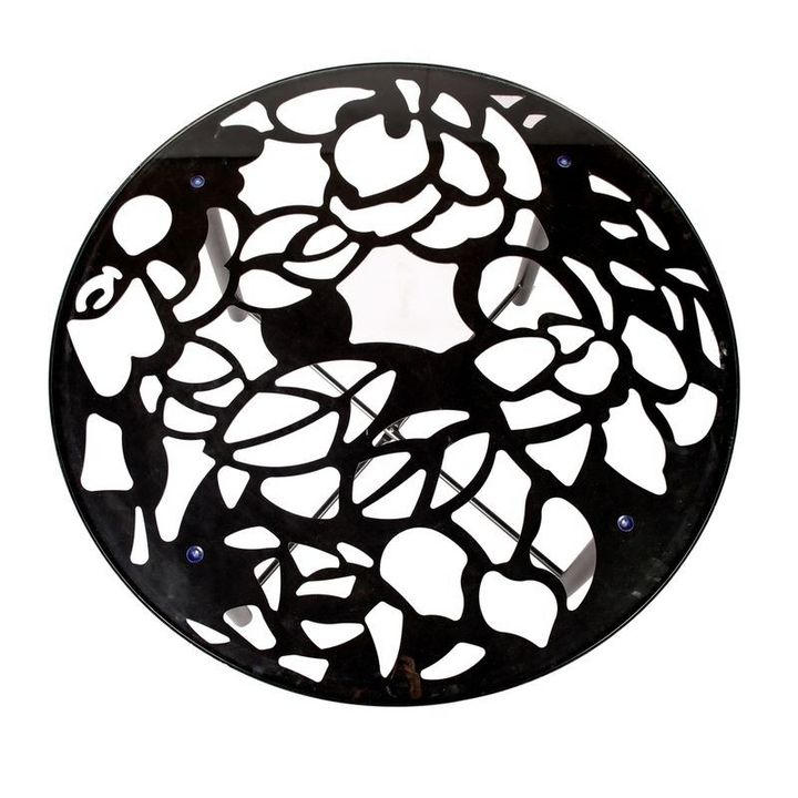 LeisureMod Devon Tree Design Glass Top Aluminum Base Indoor Outdoor Dining Table Black Top View.