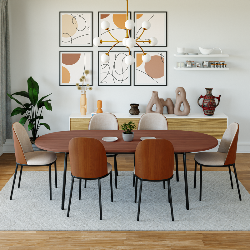 LeisureMod Tule Modern 83" Oval Dining Table with MDF Top and Black Steel Legs in Walnut Photo.
