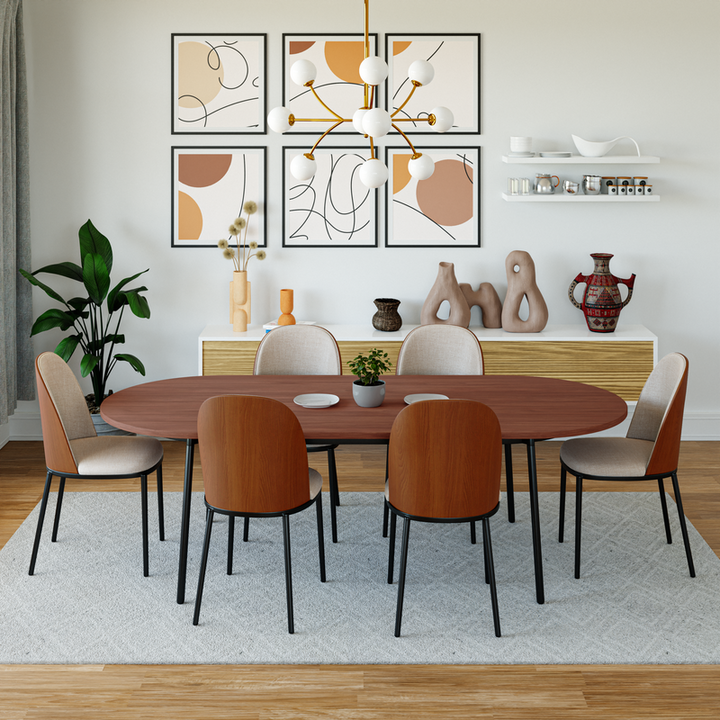 LeisureMod Tule Modern 83" Oval Dining Table with MDF Top and Black Steel Legs in Walnut Photo.