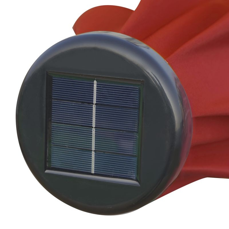 LeisureMod Sierra Outdoor Patio Umbrella with Base in Red Solar Device.