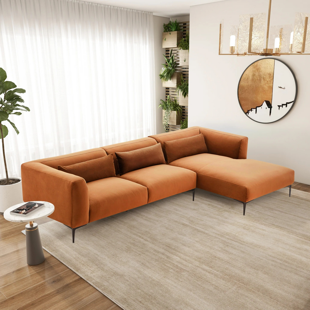 Laley Right-Facing L-Shaped Velvet Sectional in Burnt Orange Right Angled