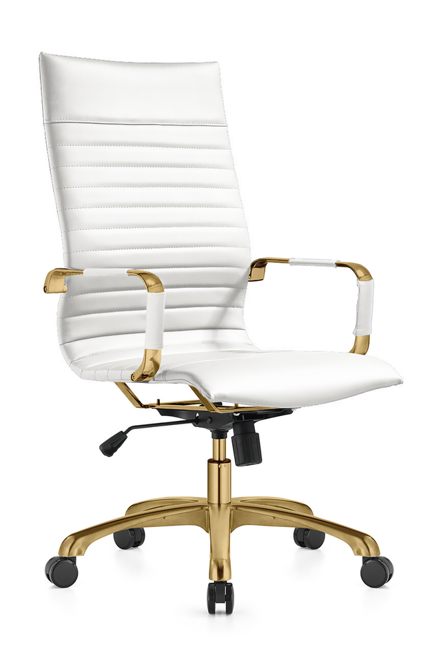 LeisureMod Harris High-Back Leatherette Office Chair with Gold Frame White
