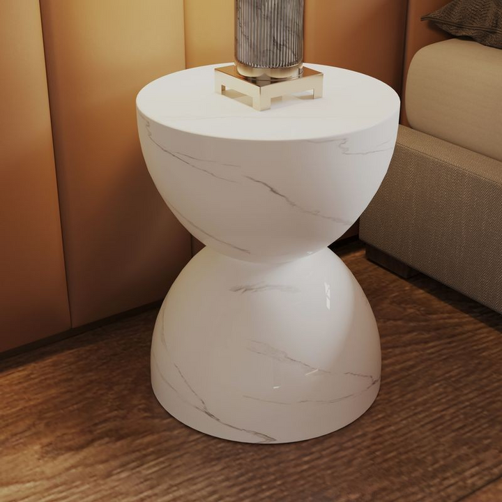 LeisureMod Sage Collection Fiberglass Outdoor Side Table in Marbled White
