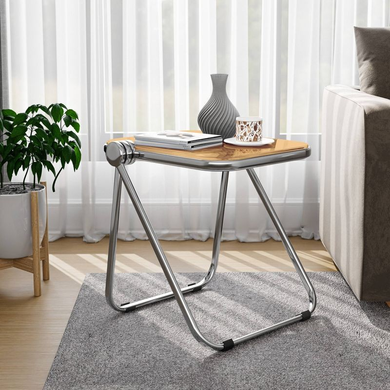 LeisureMod Lawrence Mid-Century Modern Rectangular Folding Side Table in Chrome Finish with Plastic Tabletop and Aluminum Frame Orange