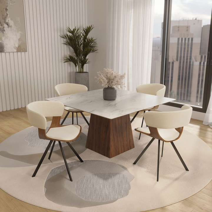 LeisureMod 5-Piece Dining Set with Square Dining Table White Sintered Stone Top and 4 Leather Dining Chairs in Walnut/Beige in Room.