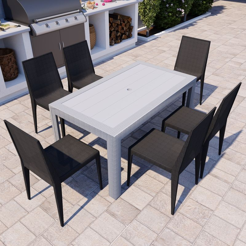 LeisureMod Mace 7-Piece Outdoor Dining Set with Rectangular Table and Stackable Chairs White/Black