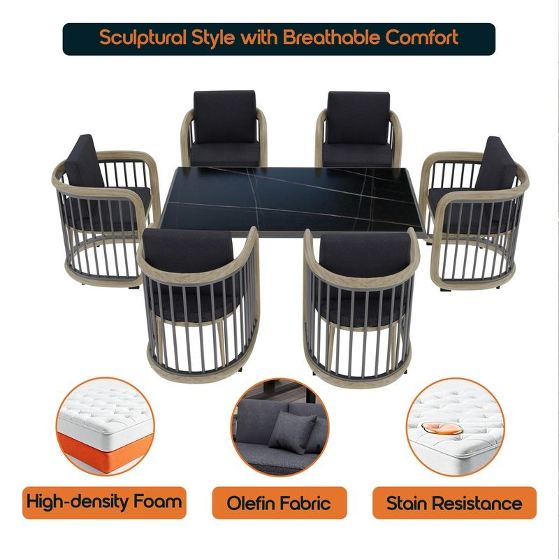 Outdoor furniture set with table and chairs, featuring high-density foam, olefin fabric, and stain resistance text.