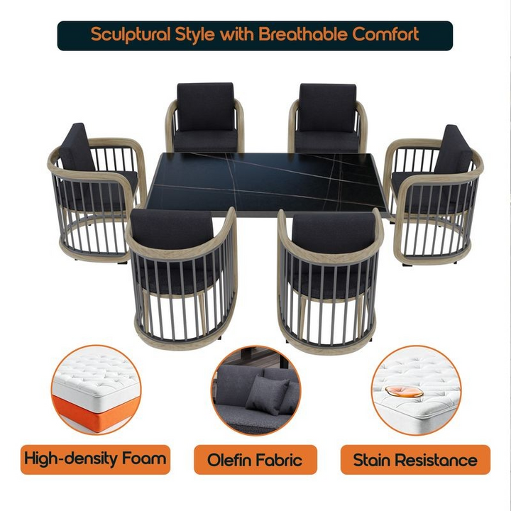 Outdoor furniture set with table and chairs, featuring high-density foam, olefin fabric, and stain resistance text.
