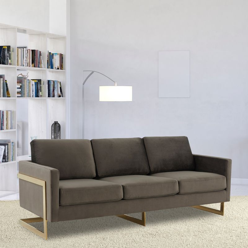 LeisureMod Lincoln Modern Mid-Century Upholstered Velvet Sofa with Gold Frame Dark Grey with Background.