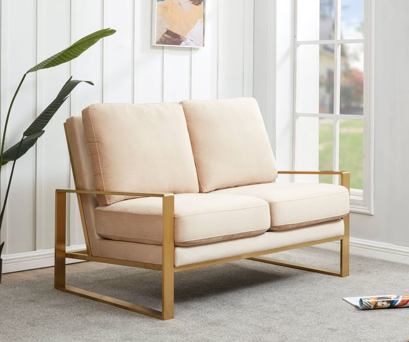 Leisuremod Jefferson Contemporary Modern Velvet Loveseat with Gold Frame Beige with Background.