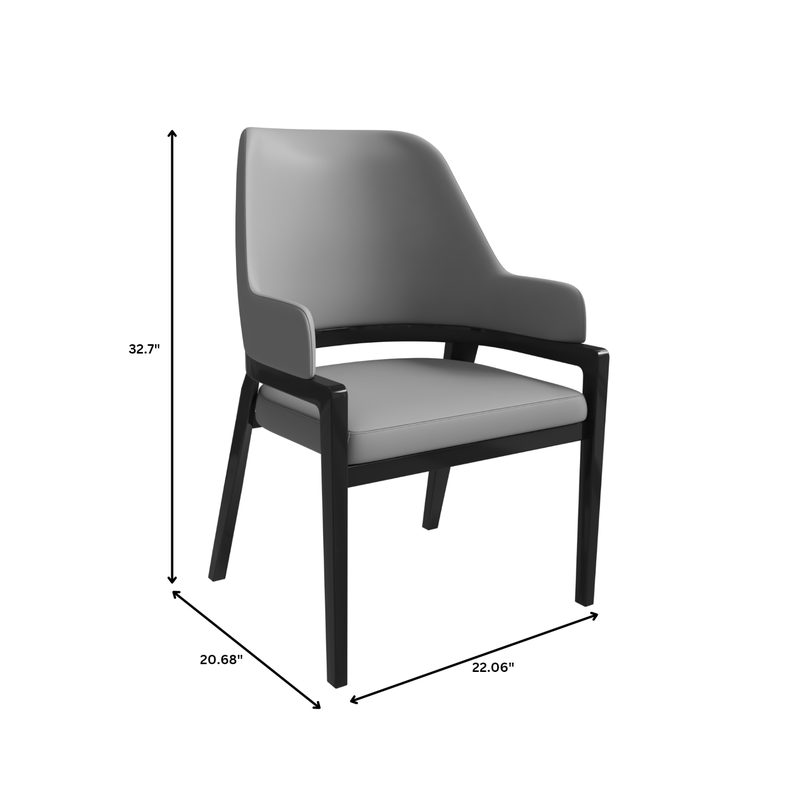 Gray chair with black legs and dimensions on a white background.