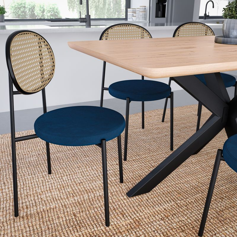 LeisureMod Euston Modern Wicker Dining Chair with Velvet Round Seat Set of 2 Navy Blue