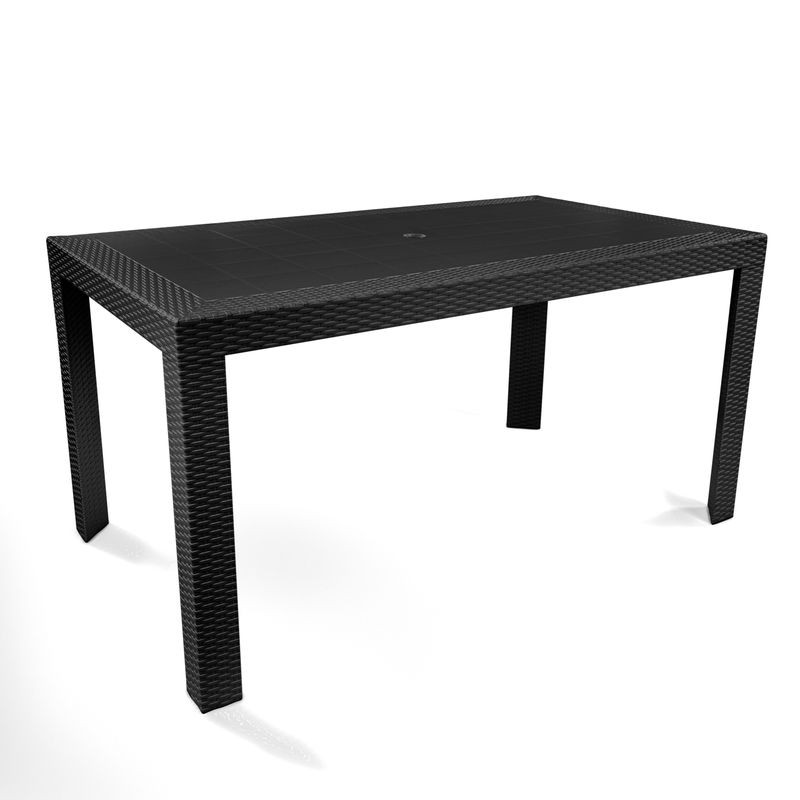 LeisureMod Mace 7-Piece Outdoor Dining Set with Rectangular Table and Stackable Chairs Black Table.