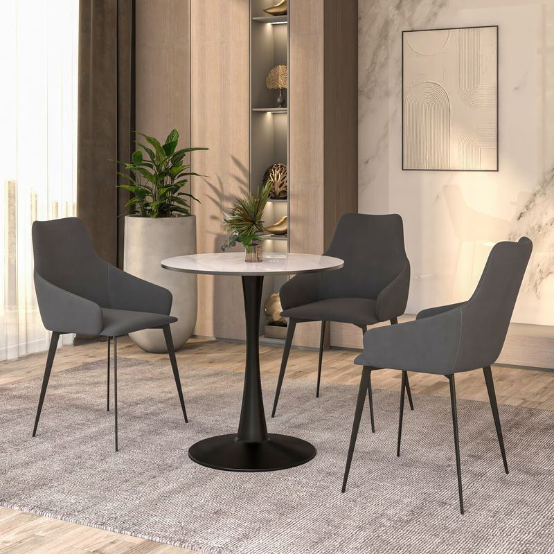 Leisuremod Bristol 27 Round Dining Table Black Base with White Sintered Stone Top with Chairs.