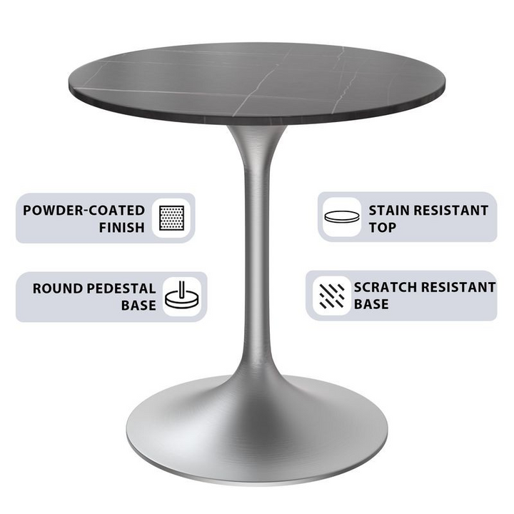 LeisureMod Verve Collection 27 Round Dining Table, Brushed Chrome Base with Sintered Stone Black Top Description.