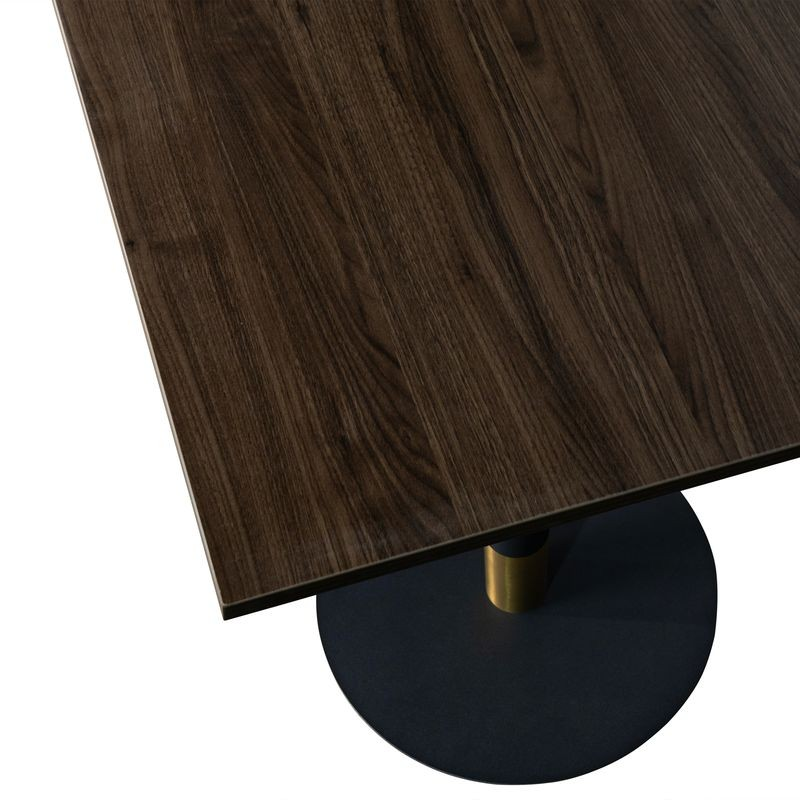 LeisureMod Vail Collection Dining Table Black/Gold Base With 24" Square Dark Brown MDF Top Closeup.
