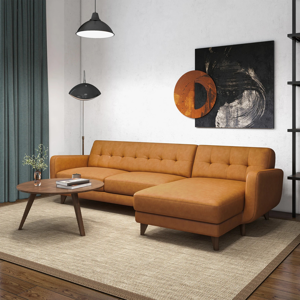 Allison Right-Facing Tan Leather Sectional Sofa Angled View.