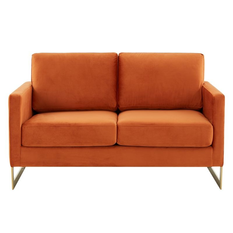 LeisureMod Lincoln Modern Mid-Century Upholstered Velvet Loveseat with Gold Frame Orange Marmalade Front View.
