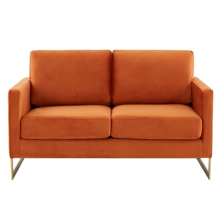 LeisureMod Lincoln Modern Mid-Century Upholstered Velvet Loveseat with Gold Frame Orange Marmalade Front View.