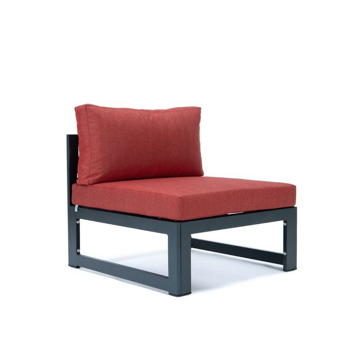 LeisureMod Chelsea 5-Piece Middle Patio Chairs and Coffee Table Set Black Aluminum with Cushions Red Chair.